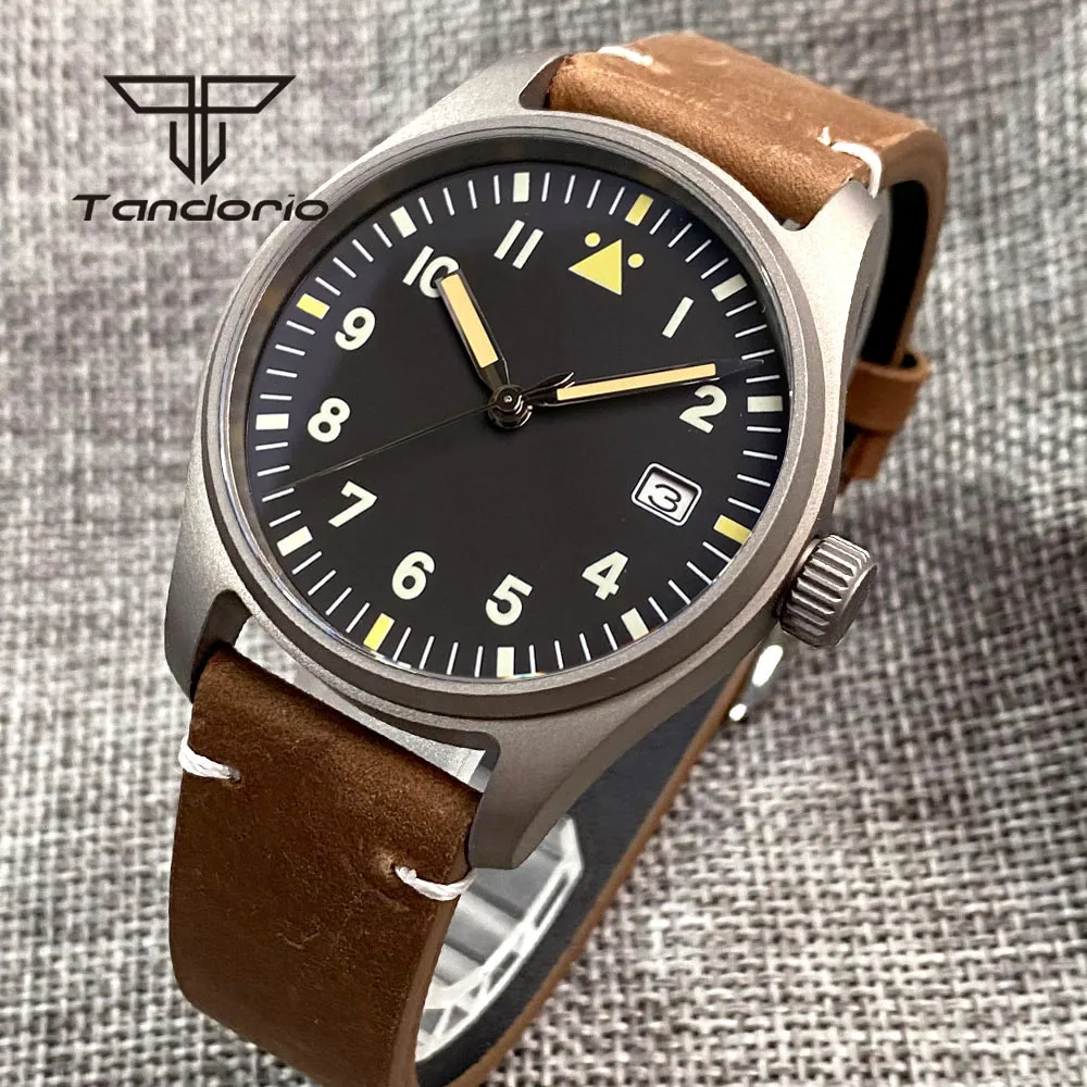 Tandorio Titanium/Stainless Steel 20Bar Dive 39mm Pilot NH35 Automatic Watch for Men Sapphire Glass Date Leather Green Luminous