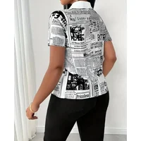 Women's Elegant Blouses Summer Fashion Newspaper Pattern Print Single Breasted Short Sleeve Women Shirt V-neck Casual Tops Shirt 3