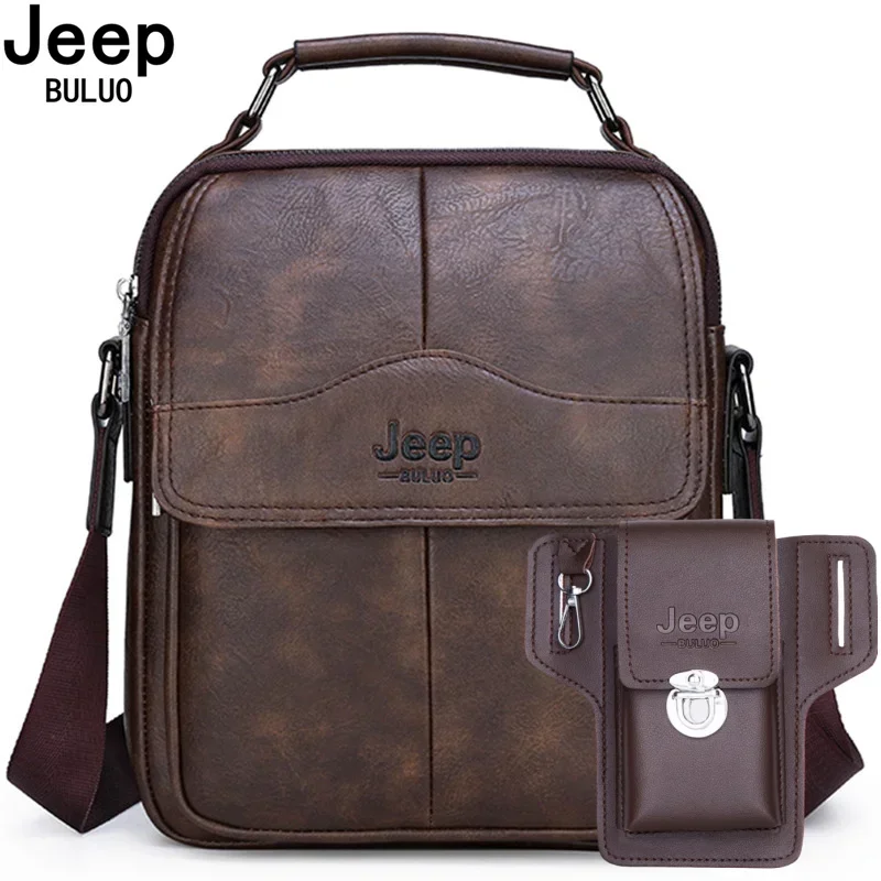 Jeep Buluo Men\'s Shoulder Bag Messenger Bag Verticle Square First Layer Cowhide Business Casual Large-Capacity Backpack