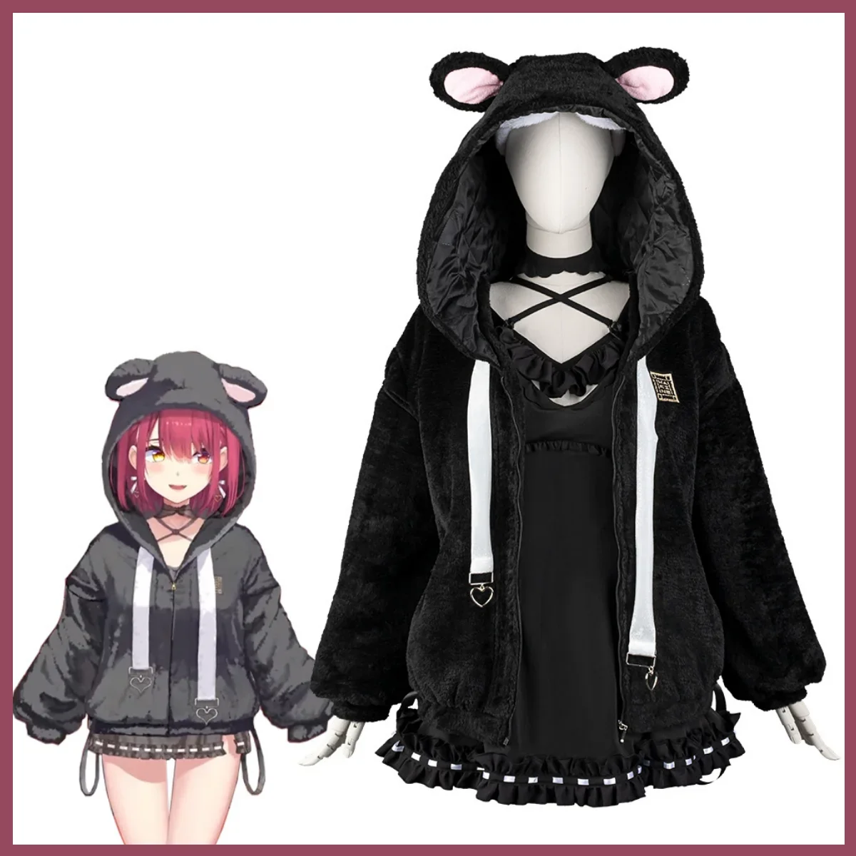 Anime Virtual YouTuber Houshou Marine VTuber Cosplay Costume Black Plush Jacket Sleeping Skirt Wig Woman Sexy Autumn Winter Suit