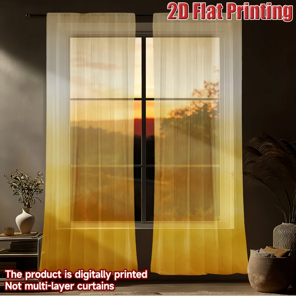 

2pcs 2D FLAT Mountain Landscape With Yellow Gradient Sheer Curtains, Washable Window Drapes, with Rod Pocket Easy to Install
