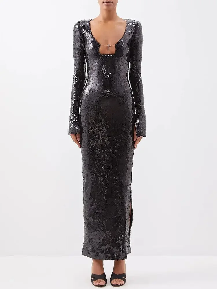 

2024 Summer New Women'S Sexy Deep V Long Sleeve Sequin Long Dress Elegant Luxury Sequin Celebrity Party Evening Dress