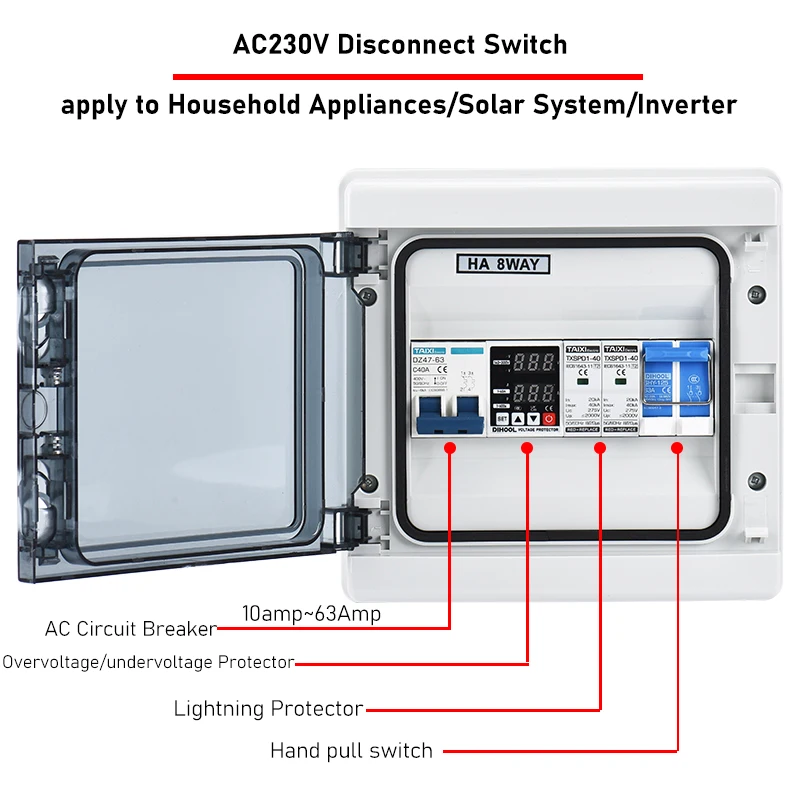 AC Combiner Box 230V 10A~63Amp Circuit Breaker SPD Household/Solar Overvoltage/Undervoltage/Short Circuit/Lightning Protector