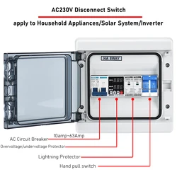 AC Combiner Box 230V 10A~63Amp Circuit Breaker SPD Household/Solar Overvoltage/Undervoltage/Short Circuit/Lightning Protector