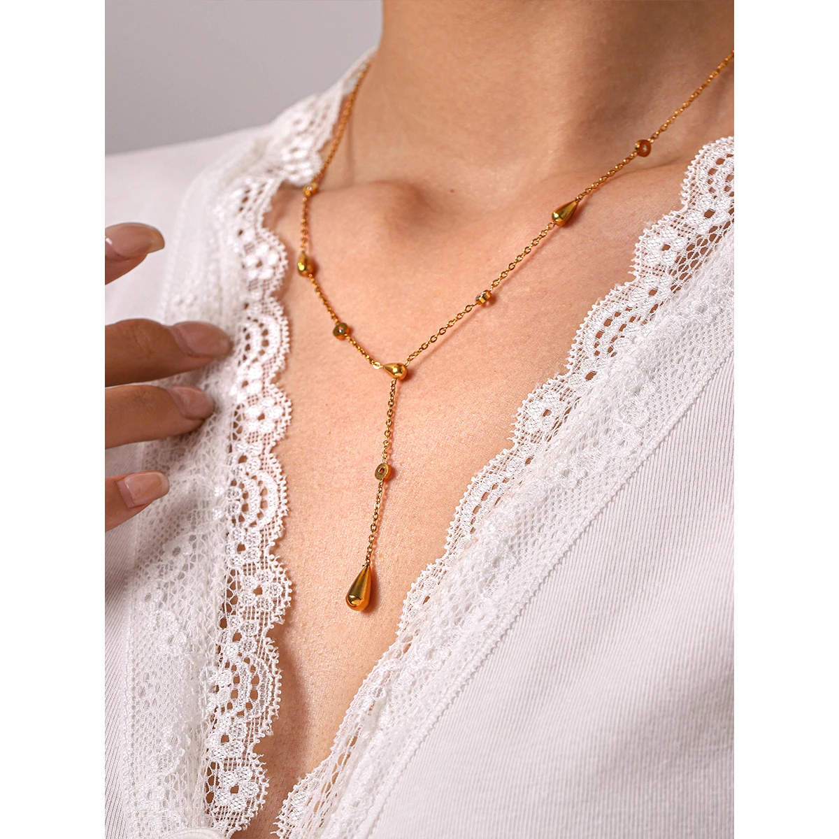 

Y Lariat Teardrop Female Necklace For Women 18K Gold Plated Stainless Steel CZ Waterproof Luxury Jewelry High Quality 2026
