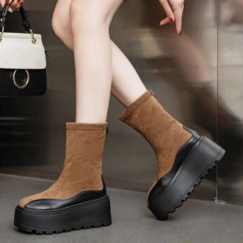 

Женские ботильоны высокого качества из натуральной кожи 8 см, модные ботинки на платформе, мотоциклетные весенне-осенне-зимние ботинки, туфли на молнии на каблуке