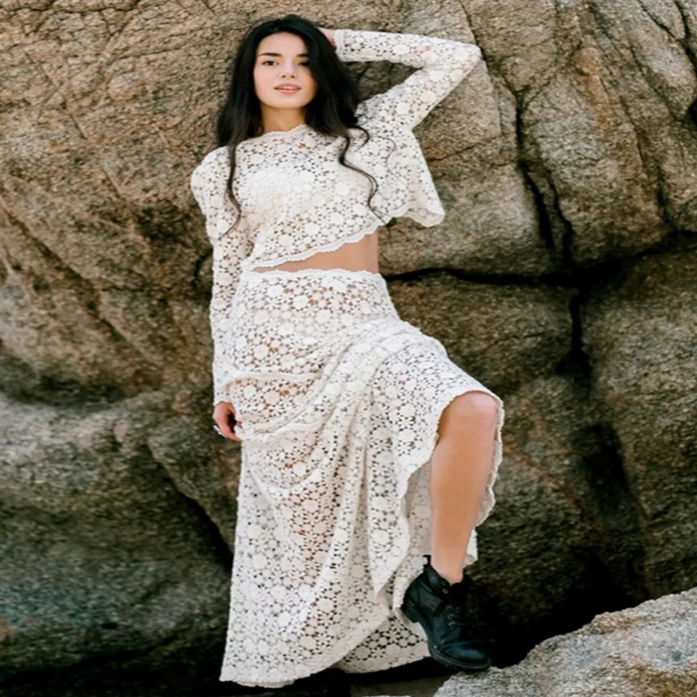 Crochet Lace Two Piece Wedding Dress 2025 Long Sleeve Bohemian Beach Bride Dress Civil Celtic Country Bridal Dress Customized