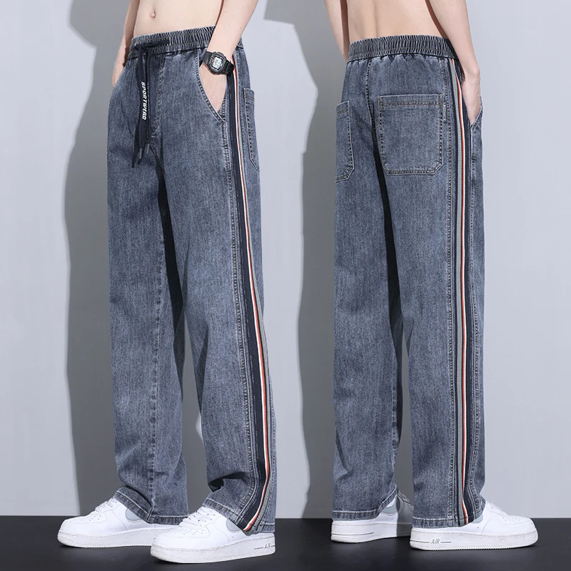 

American loose straight leg pants men's oversized wide leg pants patchwork elastic waistband drawstring men's baggy pants