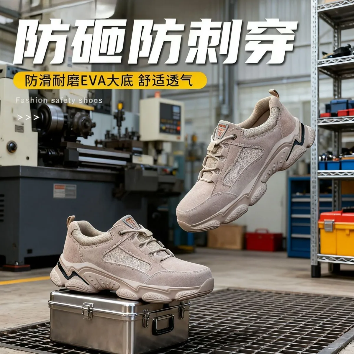 Breathable men's anti stab and anti smash lightweight safety shoes with steel toe caps for year-round work