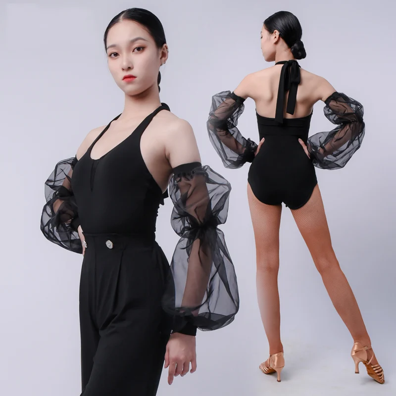 

Sexy Halter Latin Dance Bodysuit Mesh Puff Sleeve Prom Tango Dancing Clothes Waltz Ballroom Dance Performance Clothes VDB6402