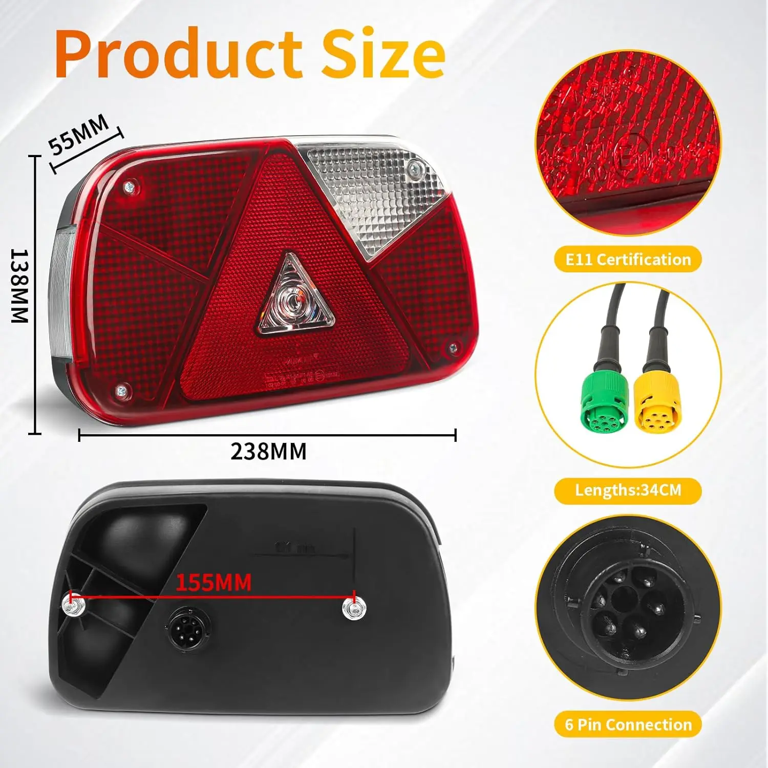 Trailer Tail Lights Kit 12V Waterproof Rear Turn Signal Brake Reverse Fog Light Reflector with 2pcs 30cm Long 6 Core Cable