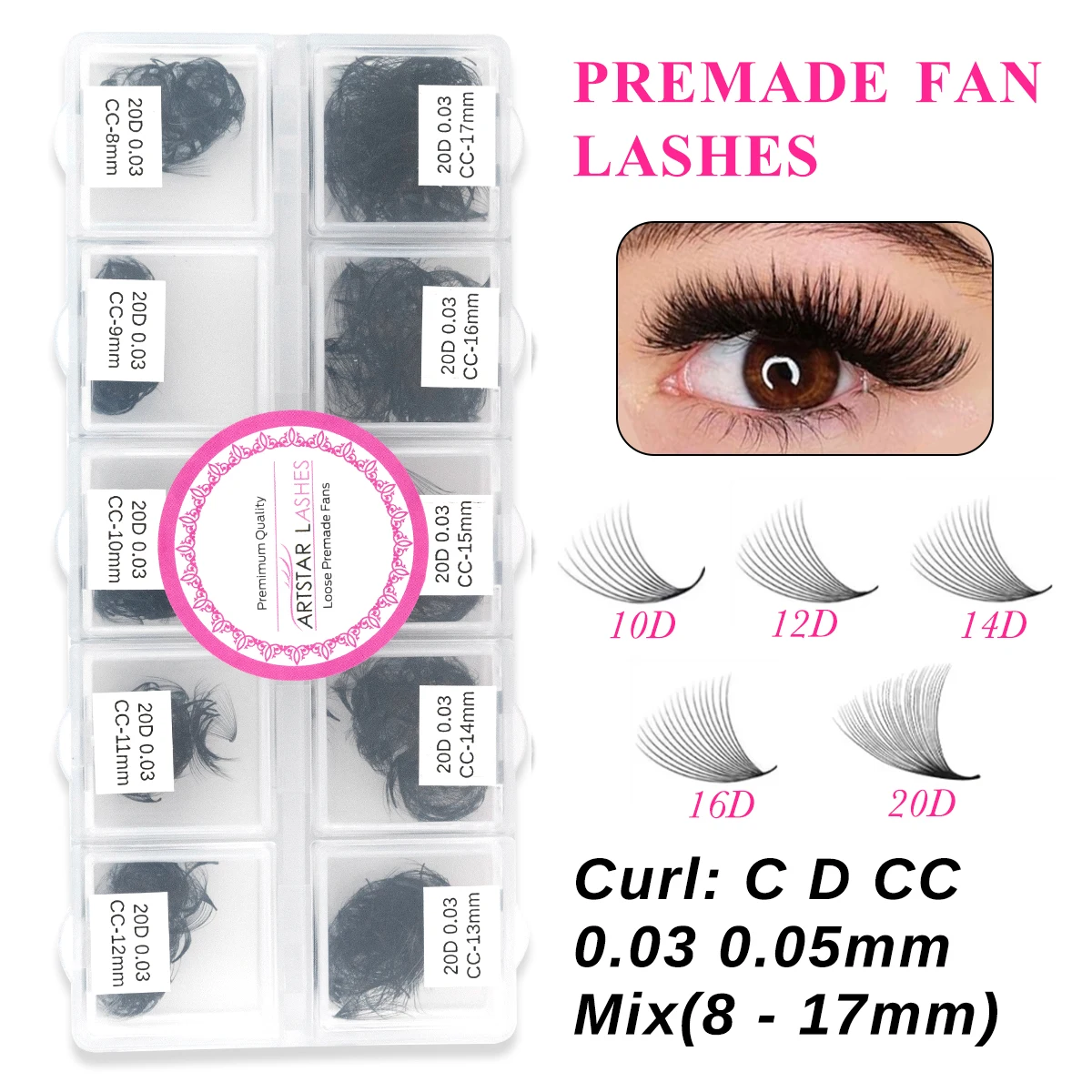 

ARTSTAR Lashes 10D 12D 14D 16D 20D 1000Fans Mix8-17mm Готовые объемные веерные ресницы C D CC Curl Pointy Base Наращивание ресниц