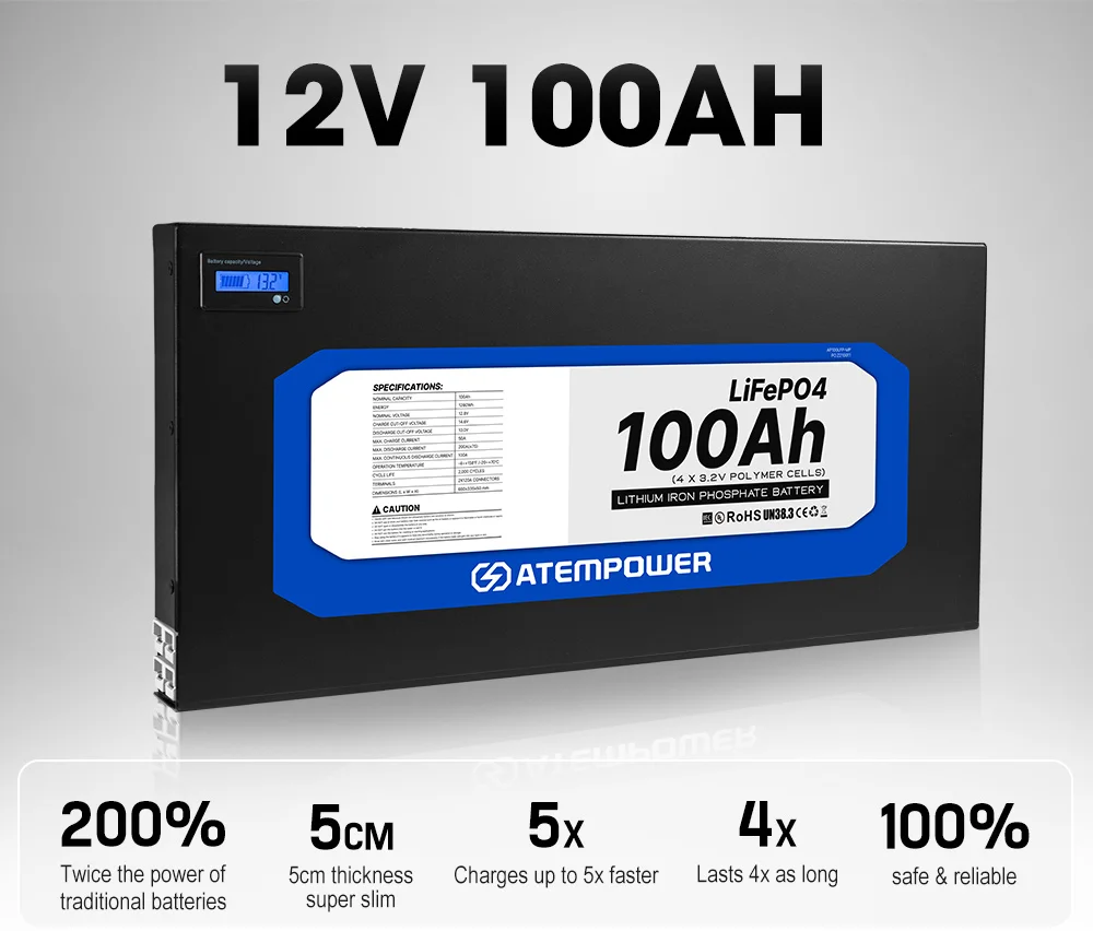 ATEM POWER Deep Cycle 12v 100ah Slimline BMS Slim Lifepo4 Lithium Ion Battery Pack For RV