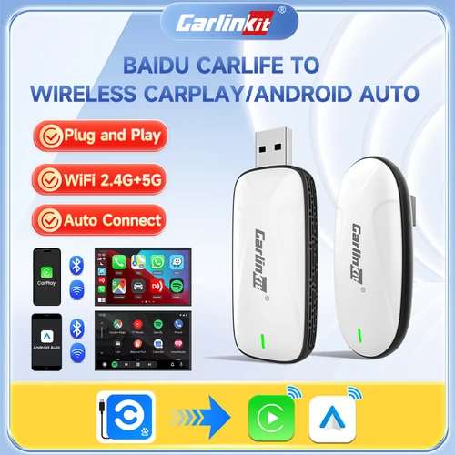 CarlinKit X1CA Baidu Carlife cableado a inalámbrico CarPlay Android Auto adaptador 2 en 1 caja de transmisión Plug and Play conexión automática 2,4G + 5