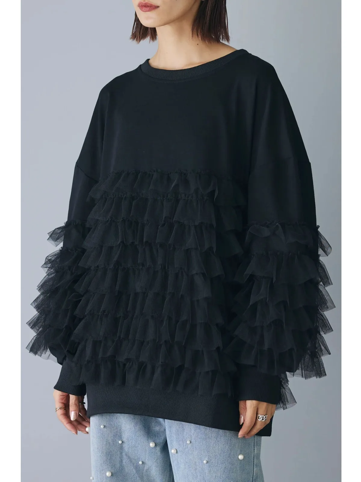 한국 일본 스타일 롱 슬리브 스웨트셔츠 튤 스플라이싱 레이스 트림 데님 투피스 세트 스윗 슬루즈핏 폴리에스터