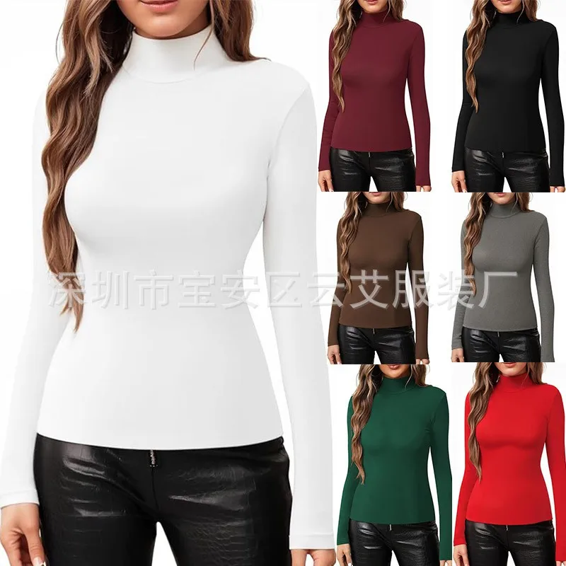 Women Solid Color T Shirt For Woman Slim Fit Knit T Shirts High Neck Form Fitting Top Black White Red Long Sleeve T Shirt