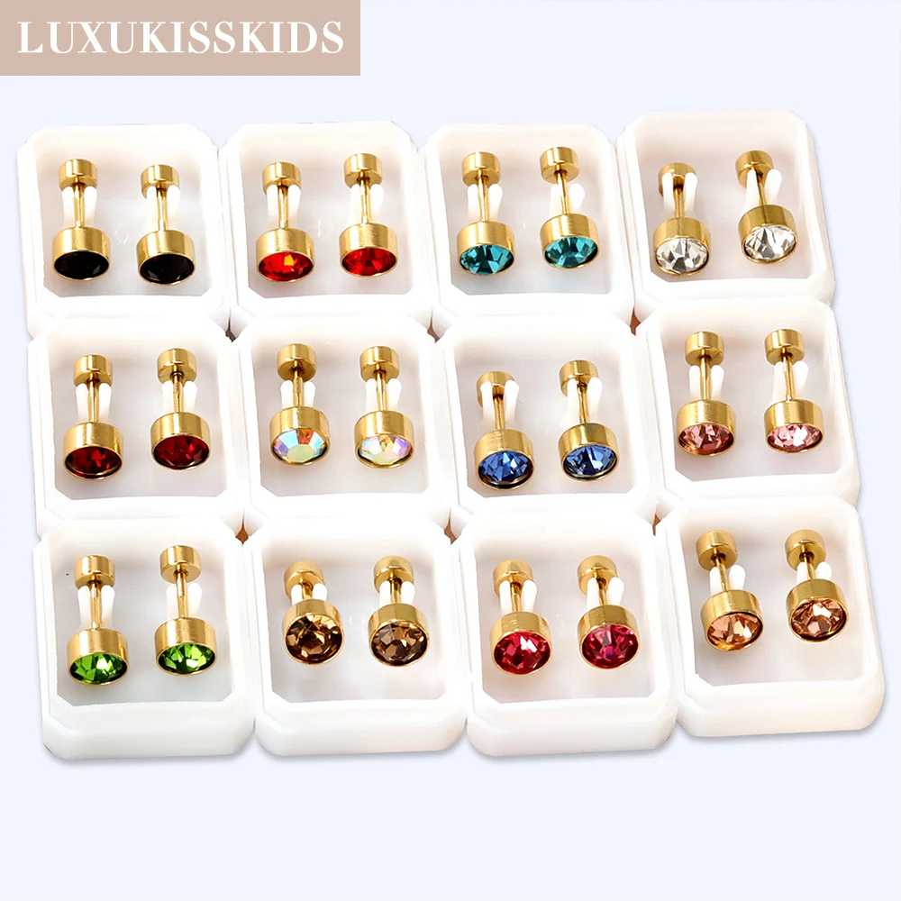 LUXUKISSKIDS Wholesaler Cubic Zirconia Earrings 12pairs/Set Luxury Shiny 6MM Rhinestone Small Piercing Surgical Steel Jewellry