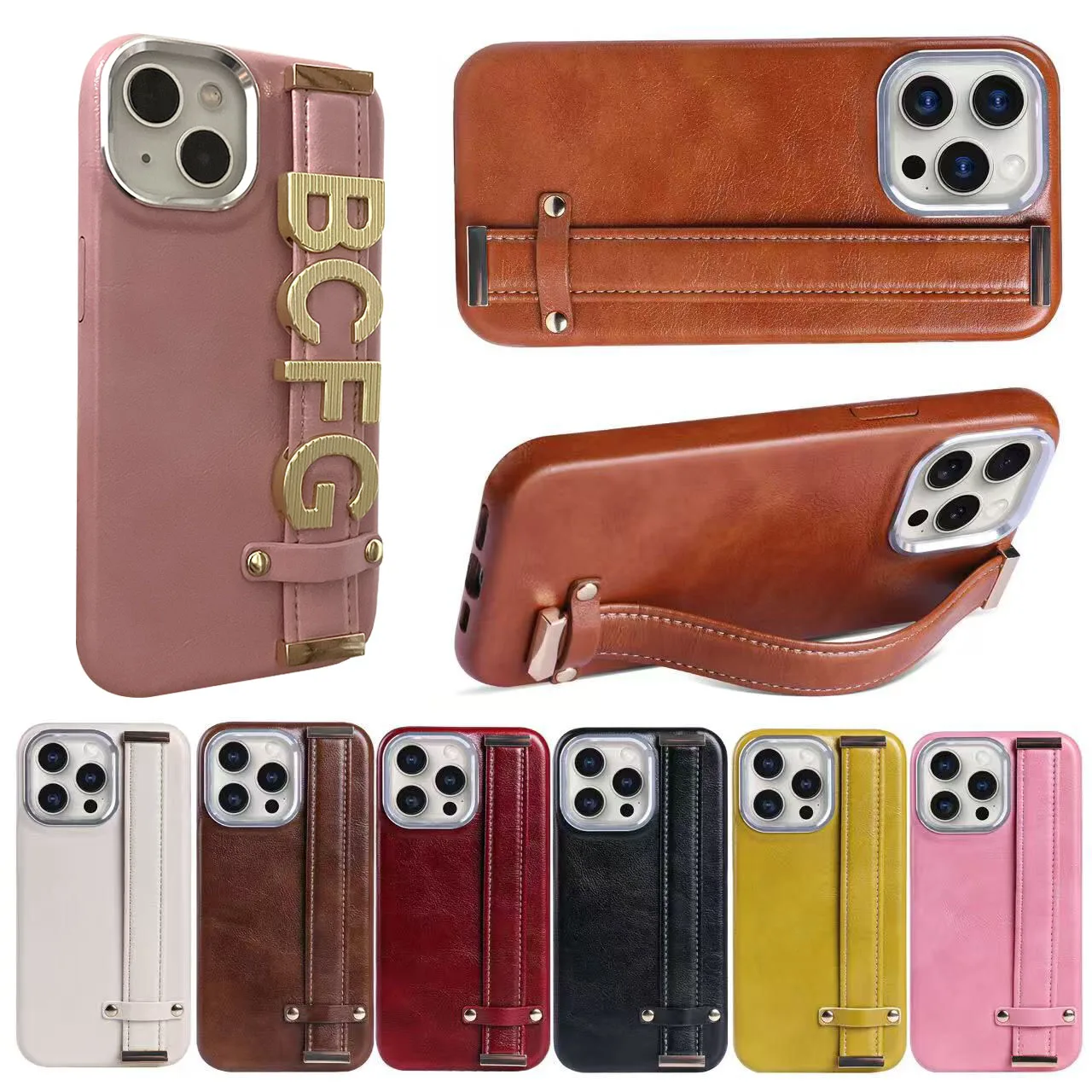 

Custom Name Gold Metal Letter Strap Leather Phone Case for iPhone 11 12 13 14 15 Pro Max Plus 16 pro Max Personalised Cover