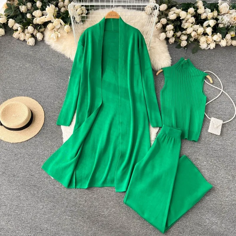 

Long Sets Three Piece Suit Knit Sets Shawls Cardigan Turtlenecks Wide-legged Pants Slouchy Loose Fall Design Solid Womenswear