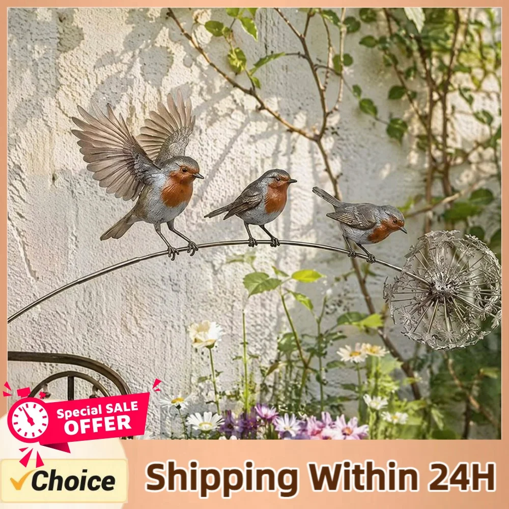 Robin Garden Stake with Dandelion Accent Outdoor Yard Art Stake Rustic Bird Yard Art Garden Ornament for Lawn Patio Flower Bed