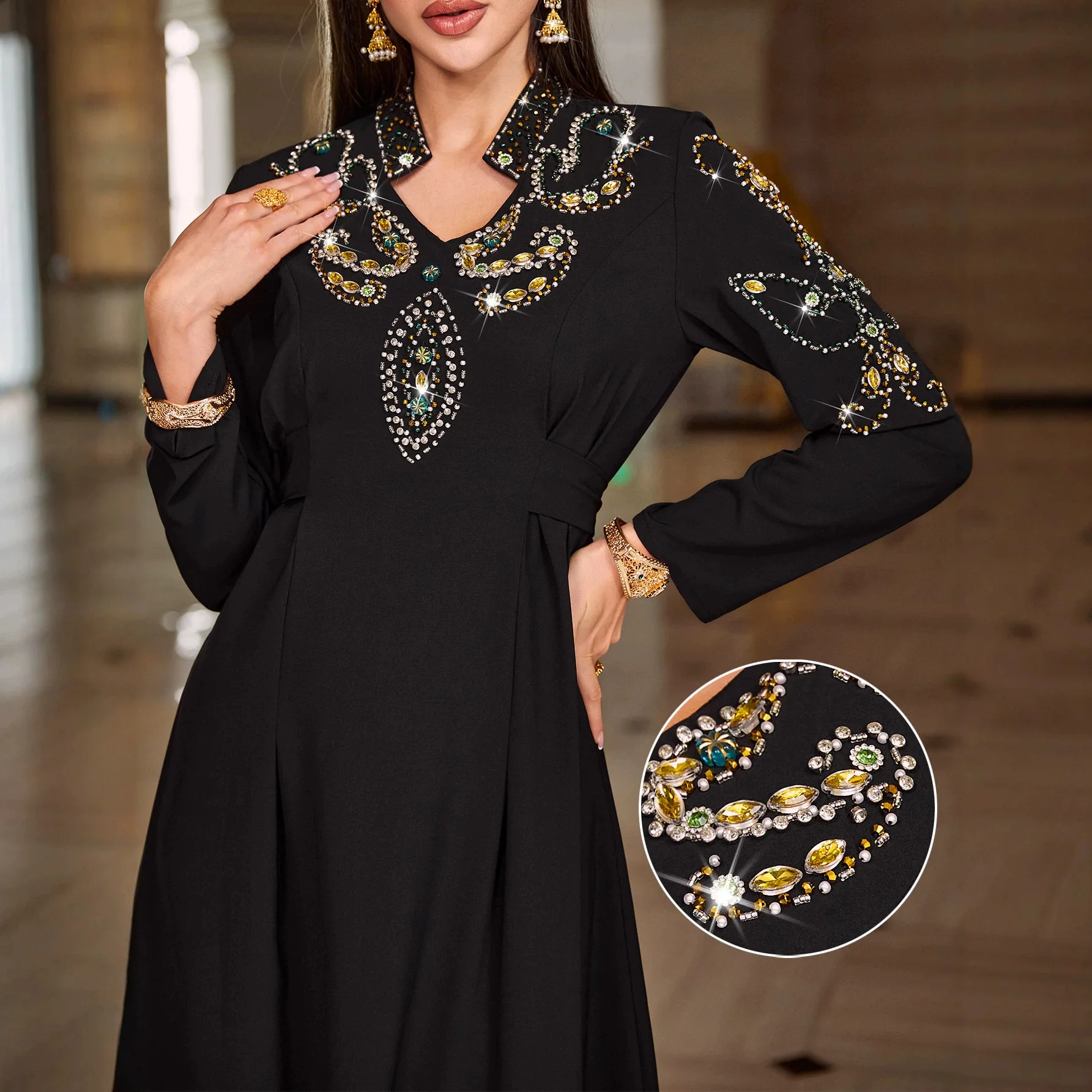 Eid Rhinestone Abaya Dubai Kaftan Women Muslim Maxi Dress Party Gown Morocco Caftan Femme Musulmane Longue Vestidos Largo Robe