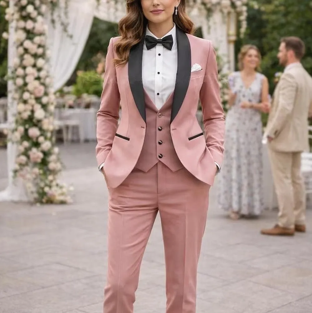 Pink And Black Formal Business Women Suit Wedding Party Prom Ladies Mother Girl Tuxedos Costume 3 Piece Set Blazer Vest Pant