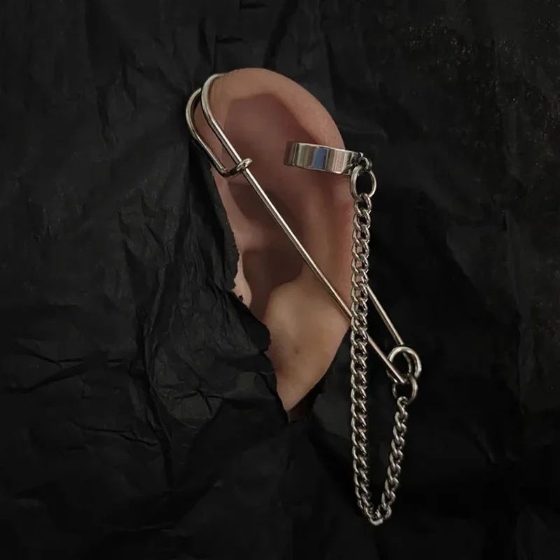1pc Stainless Steel Pin Chain Ear Clip Fashion Exaggerated Non Piercing Earrings for Men Women Stylish Bold Design Ear Jewelry