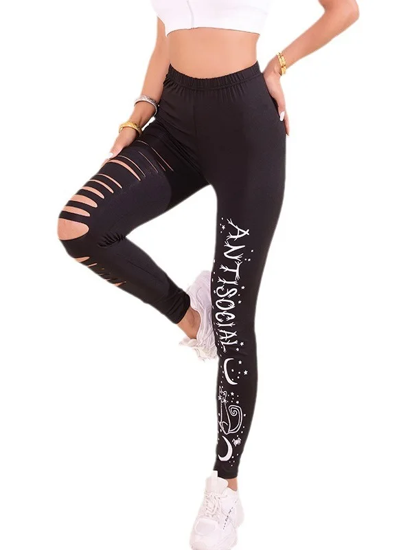High Waist Yoga Pants Women's Printed Casual Elastic Bot Torn Hole Sports Leisure Letter Print Nine Point Pants