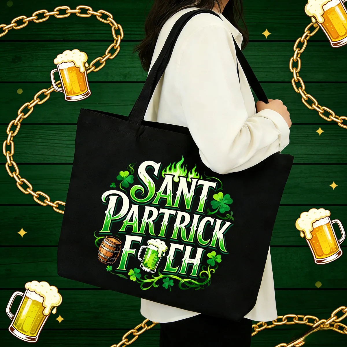 

1 шт. черная холщовая сумка-тоут, сумка для хранения большой вместимости ирландского фестиваля, портативная сумка на одно плечо для поездок на работу