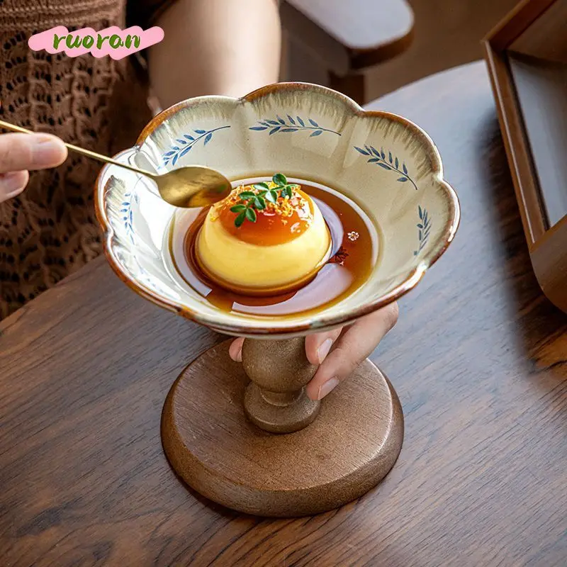 Wooden High Foot Fruit Bowl Ceramic Pastry Dessert Plate Snack Tray for Entryway Table Home Decor Ornament