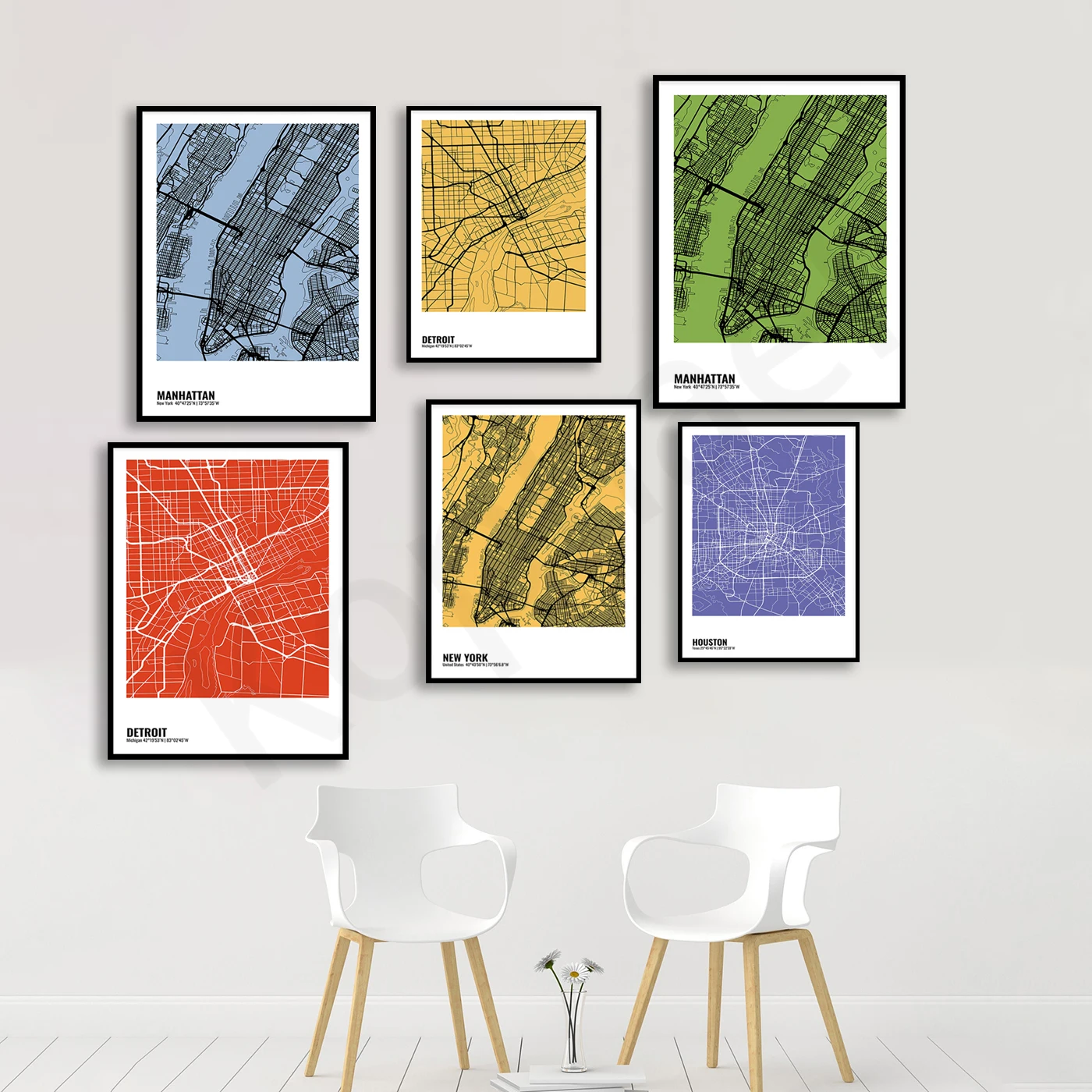 Houston New York Detroit Manhattan. City Color Map. Travel Gift. Home Wall Decor Art Poster