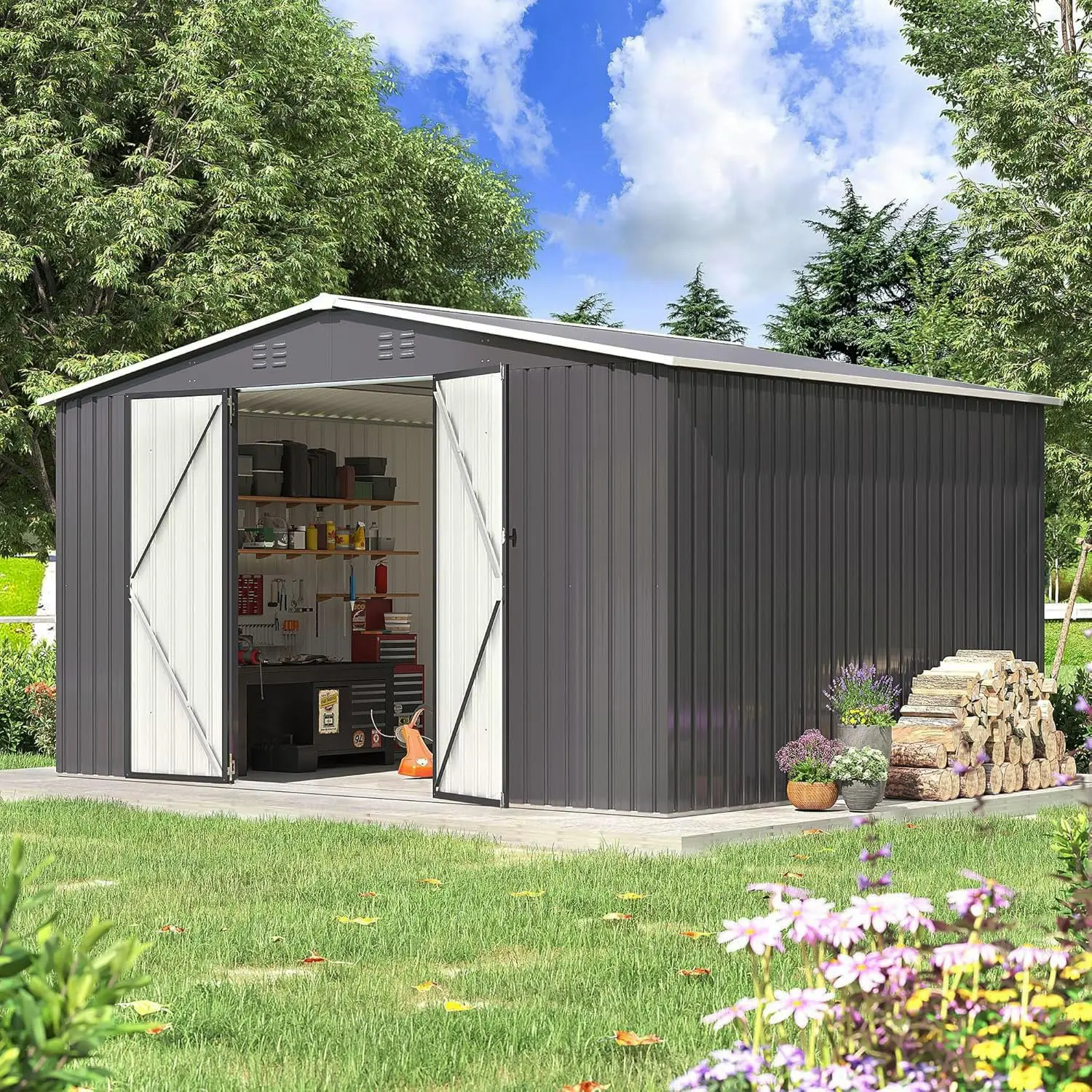 10x12 Outdoor Storage Metal Shed with Updated Frame Structure, Custom