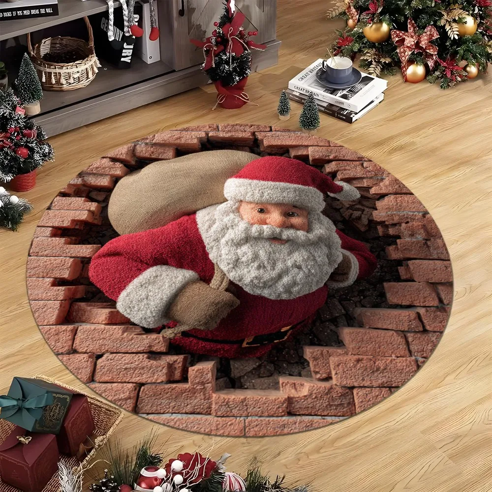 3D Optical Illusion Santa Claus Round Rug Broken Brick Wall Christmas Holiday Floor Area Carpet for Living Room Decor