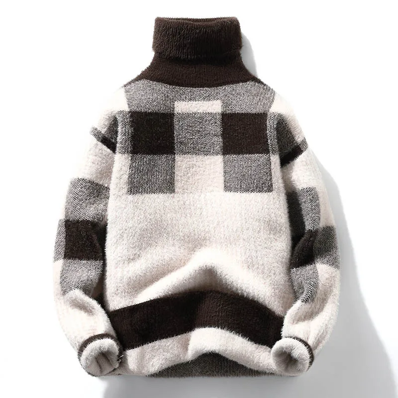 

2023 Winter/Autumn Mink velvet High-Quality Fashion Trend Plaid Pattern Sweater Men Casual Loose Warm Sweaters Men Comfortable