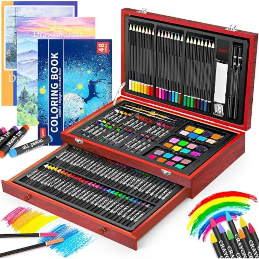 

Art Supplies 150-Pack Deluxe Wooden Art Set Crafts Drawing Painting Kit with 2 Sketch Pads 1 Coloring Book Gift Box for Adults