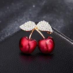 Zircon Leaf Red Cherry Enamel Brooch Pins for Women Kids Rhinestone Fruit Brooches Coat Bags Jewelry Gifts