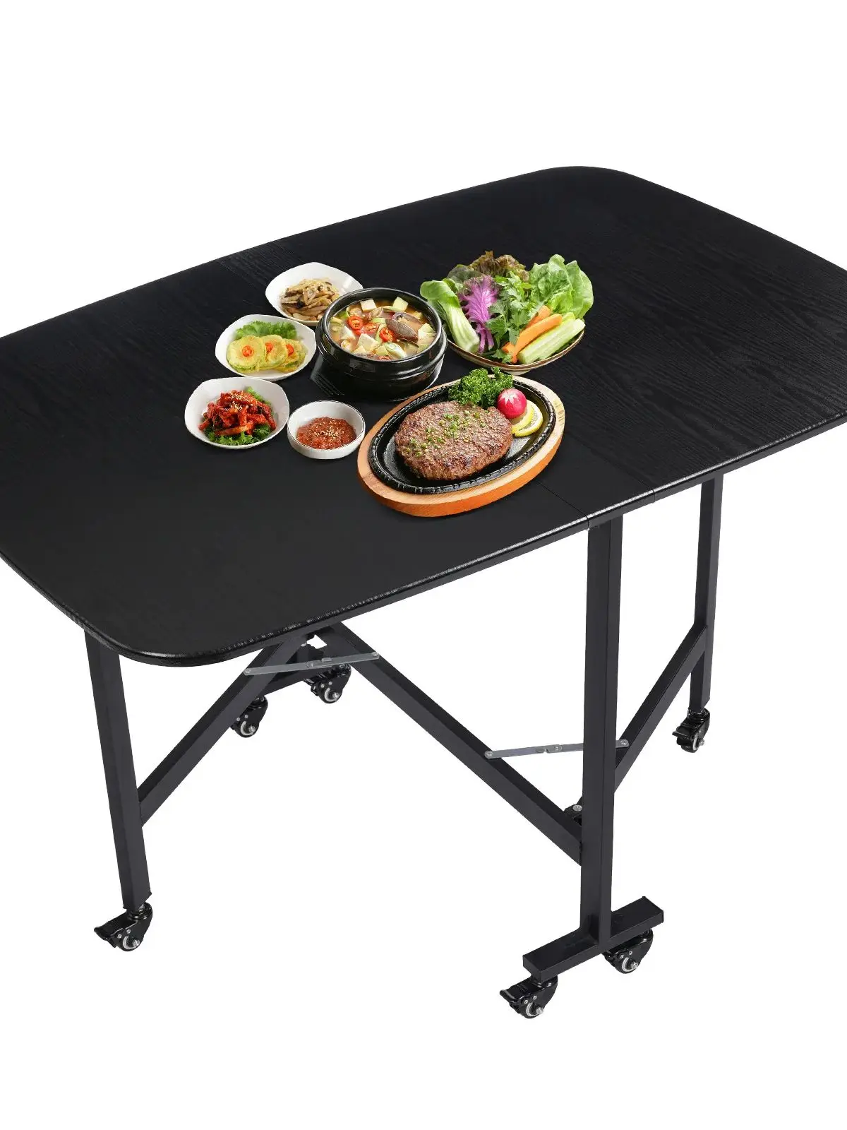 Zwarte houten vouwtafel met drie delen, multifunctioneel, met wielen - afbeelding 2