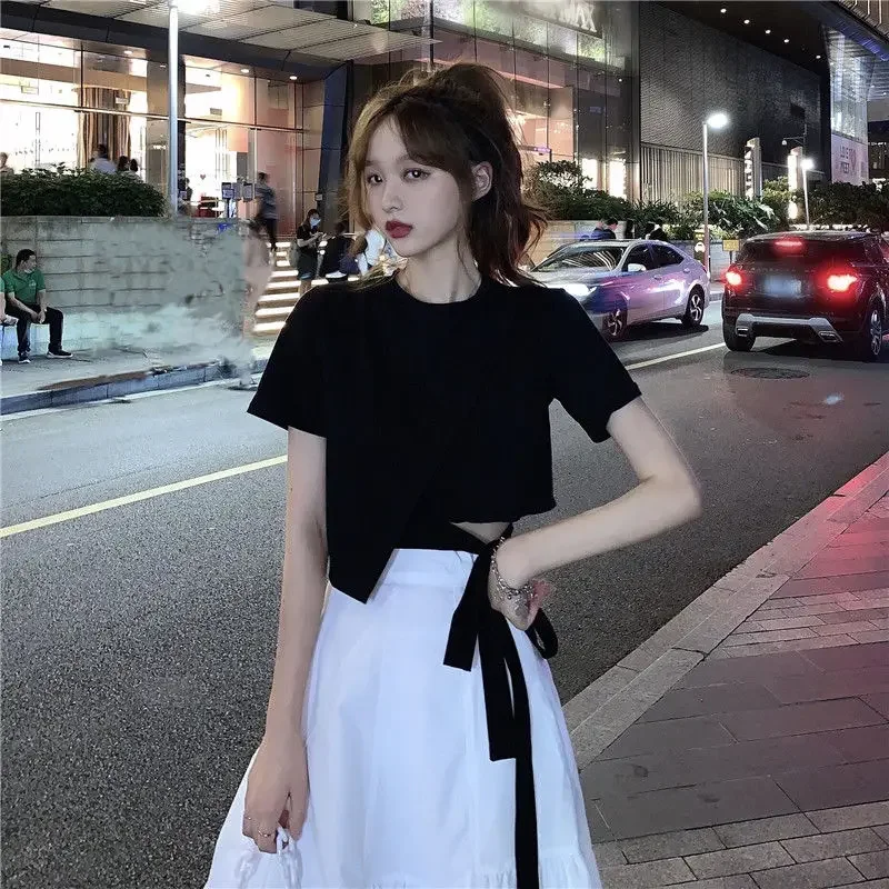 

Short Sleeve Black T-shirts Women Bandage Sexy Basic Fashion Cozy Футболка Женский Summer Casual Solid Streetwear All-match Ins