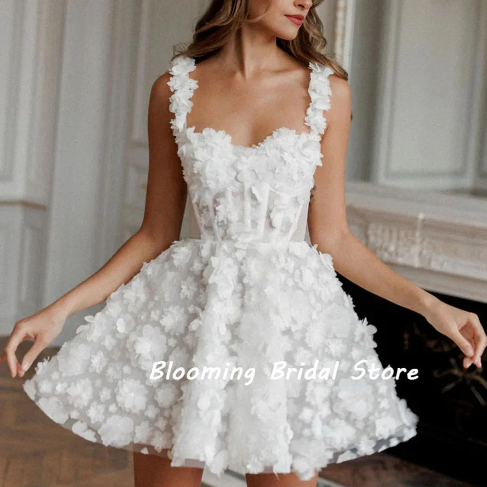 

Floral Sweetheart Lace Applique Short Ball Gown Wedding Dresses Custom Made Sleeveless Mini Bridal Gowns