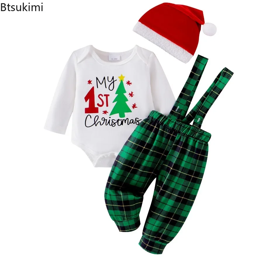 0-18 أشهر بيبي بوي عيد الميلاد الزي شجرة شاحنة طباعة طويلة الأكمام ارتداءها منقوشة طباعة الحمالات السراويل عقدة قبعة 3 قطعة مجموعة عيد الميلاد #5