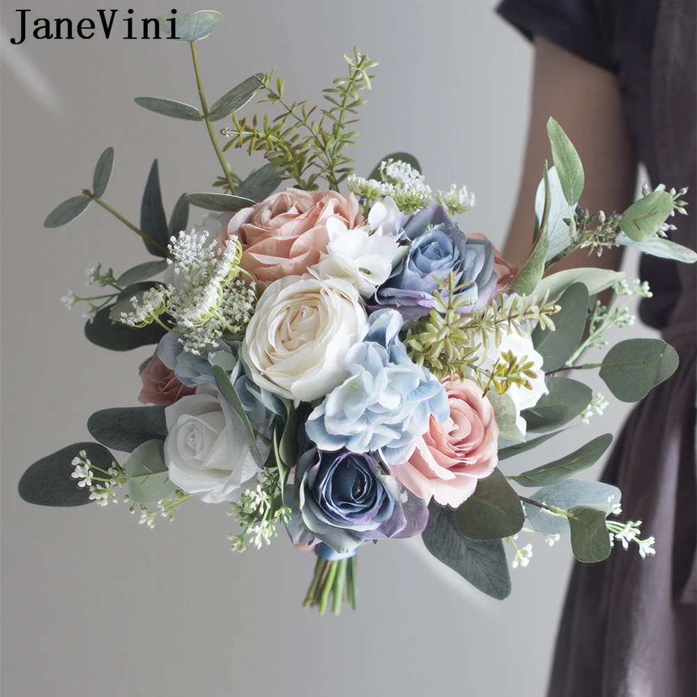 

JaneVini Dusty Blue Flowers Artificial Wedding Bouquet for Bride Silk Rose Pink Eucalyptus Bridal Bouquets Wedding Decoration