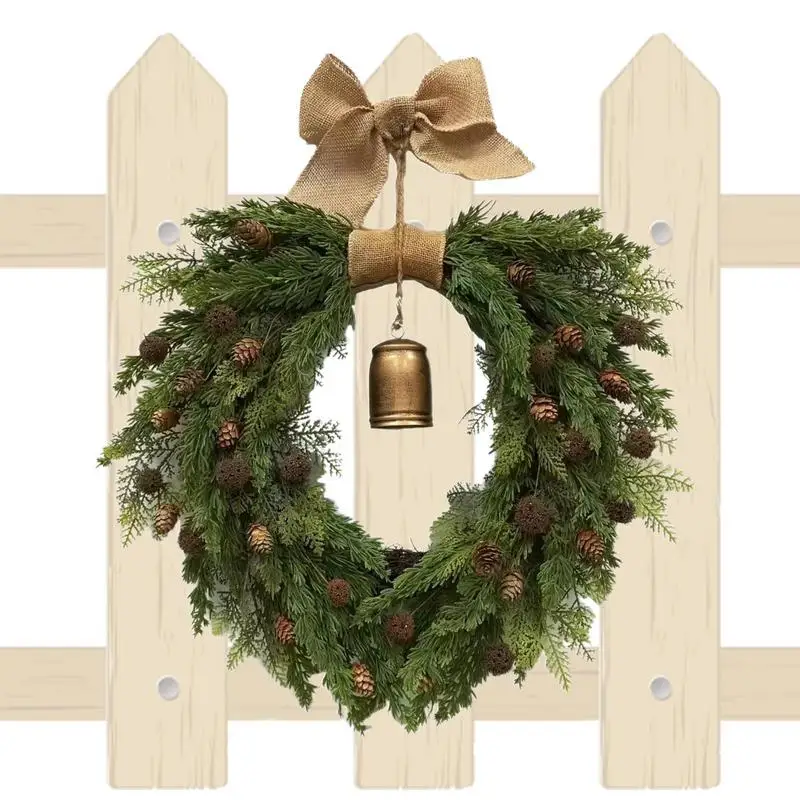 

Christmas Door Wreath Rustic Faux Wreath Christmas Advent Wreath with Bow and Bell Artificial Christmas Pine Wreaths with