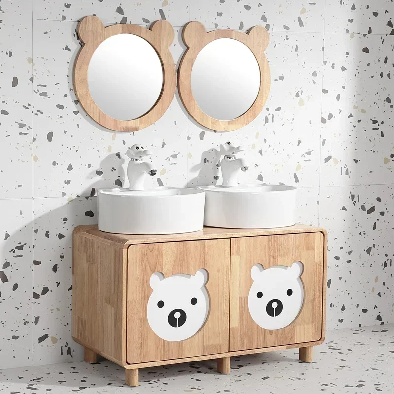 Children's Bathroom Vanity with Sink Combo Ceramic Top Basin Multi-functional Bathroom Cabinet with Doors and Drawer, Solid Wood