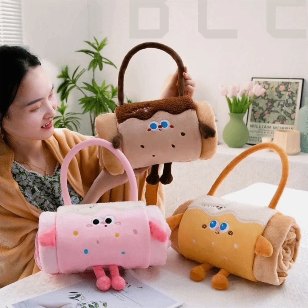 Cozy 2 in 1 Foldable Roll Blanket Warm Cartoon Air Conditioning Blanket Plush Handheld Cushions Blanket Lunch Break