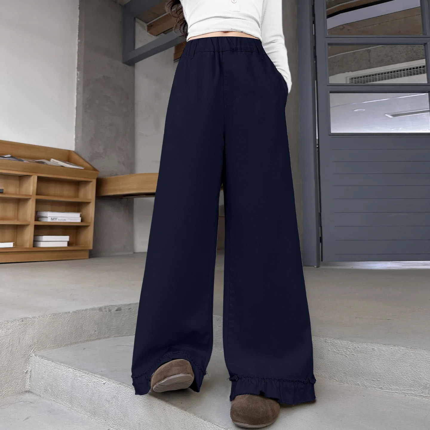 

Детские широкие брюки для девочек, осенние простые однотонные брюки с краями ушей для девочек-подростков, высокая длина, детские брюки полной длины для девочек