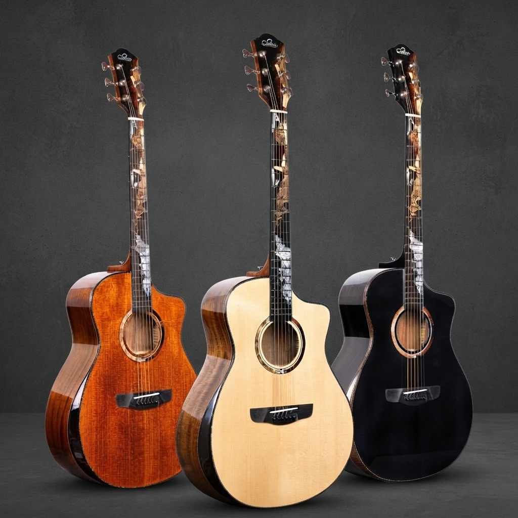 All-Solid GA Cutaway Guitar, Multi-Style Inlay, Vintage Amber Natural Black, Gloss Finish, Chrome Tuners for Stage Performance