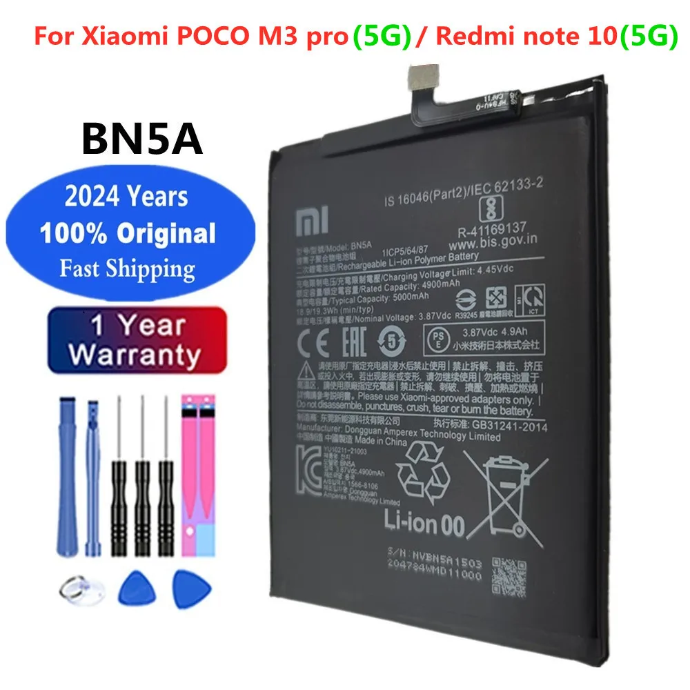 2024 Years BN5A Original Battery For Xiaomi POCO M3 Pro 5G / Redmi Note 10 5G High Capacity 5000mAh Battery Bateria + Tools