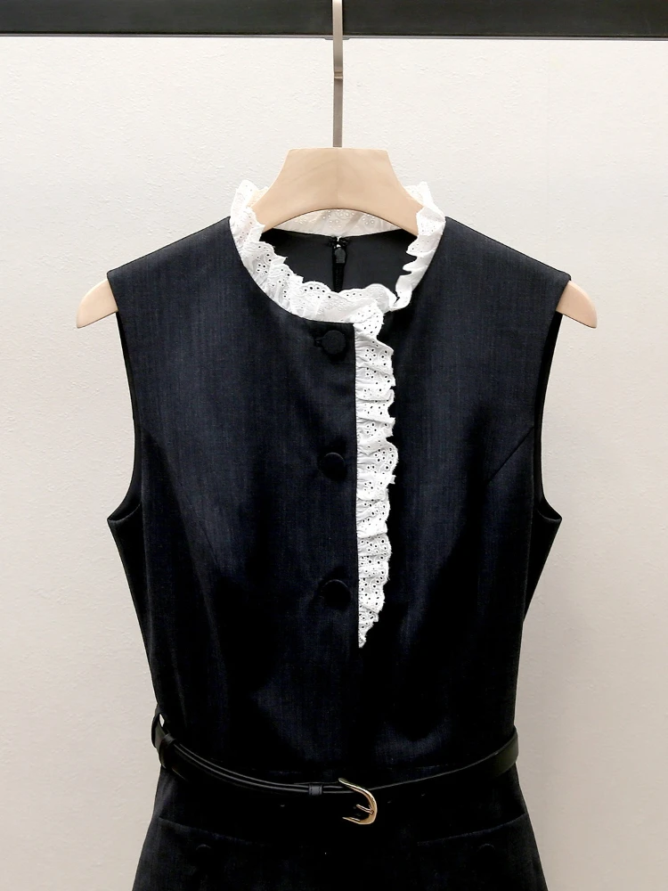 High End Women's 2026 Spring/summer French Elegant Temperament Design Sense Patchwork Lace Vest Dress