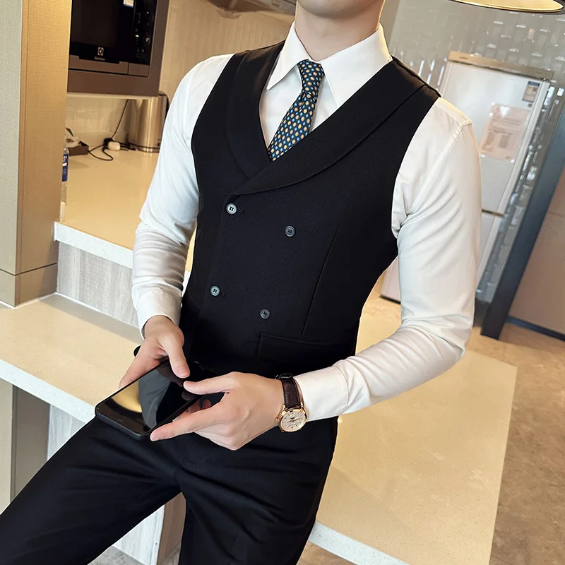 Autumn Double Breasted Suit Vest Men\'s High Quality Slim Casual Business Formal Sleeveless Vest Wedding Groom Banquet Waistcoat