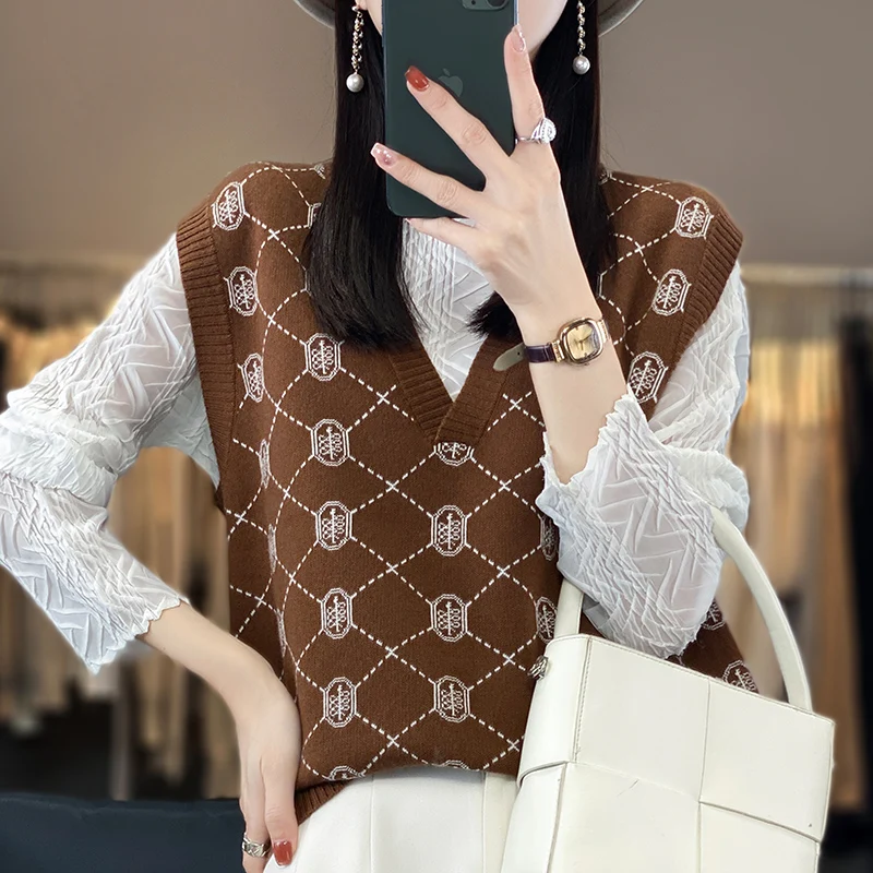 2023 Spring and Autumn New vintage Style 100% Pure Wool Pullover V-neck Sweater Vest Women's Sleeveless Knitting Versatile Vest